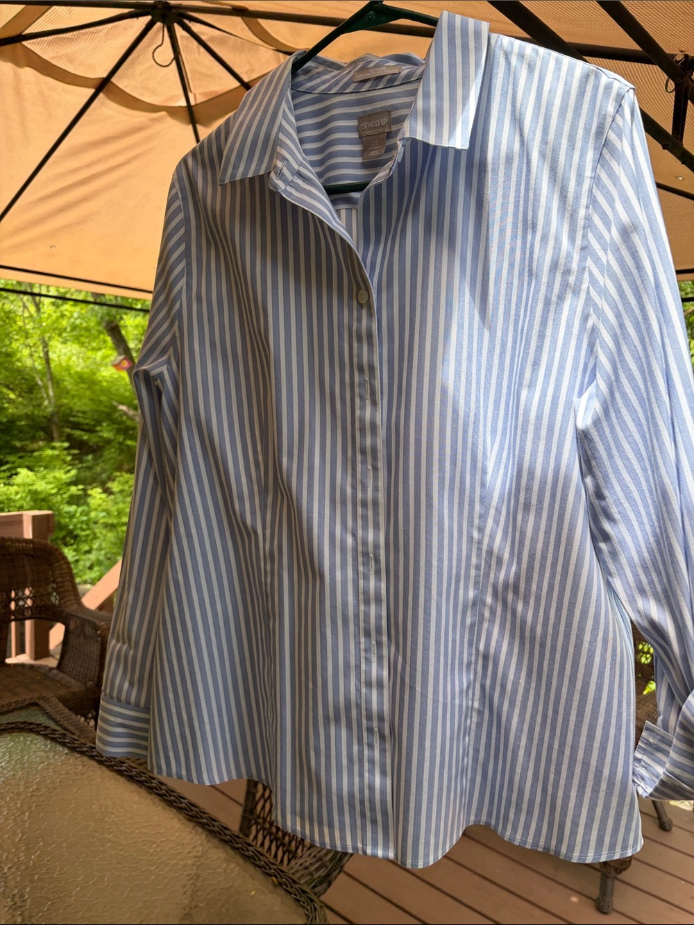 Chico's Blue and White Striped Button-Front Shirt, No Iron cool max
